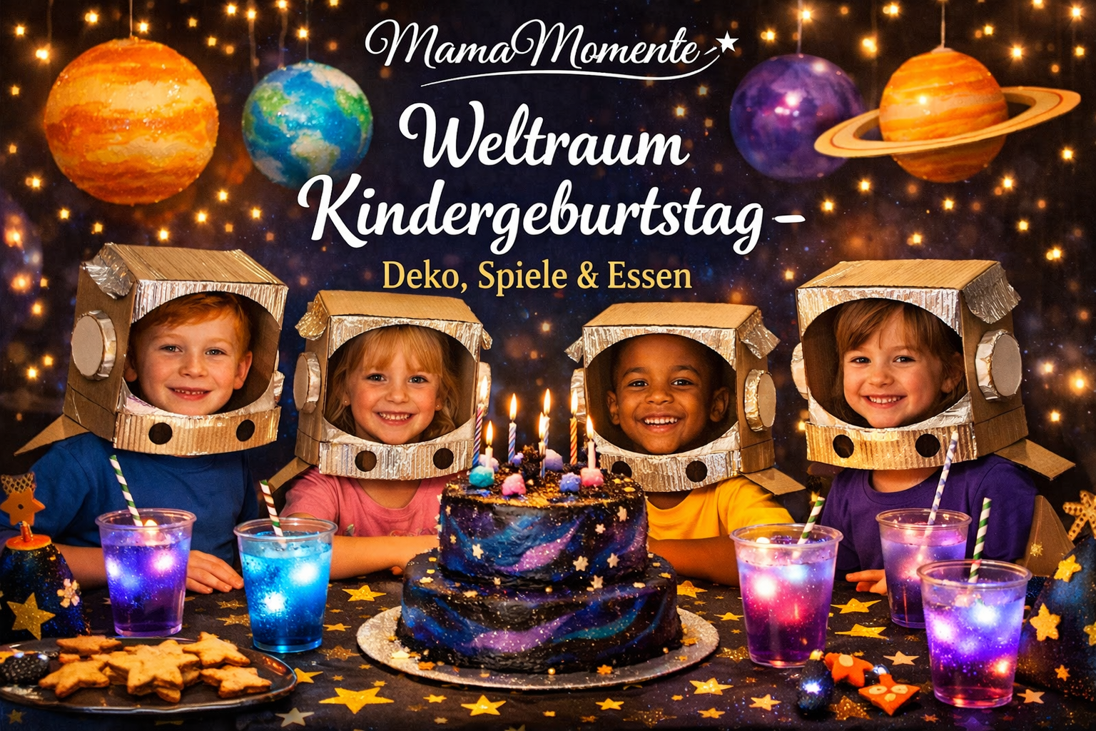 Weltraum Kindergeburtstag Deko mit Kindern in Astronauten-Helmen, Ballon-Planeten und Galaxy Cake