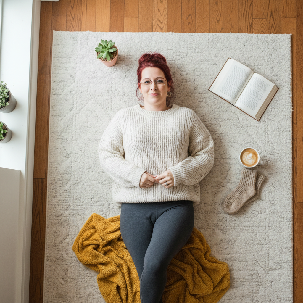 Frau liegt entspannt auf einem Teppich 