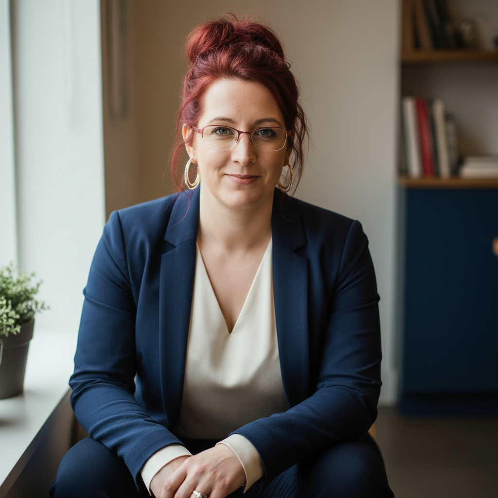 Frau sitzt auf einem Stuhl lächelt in die Kamera