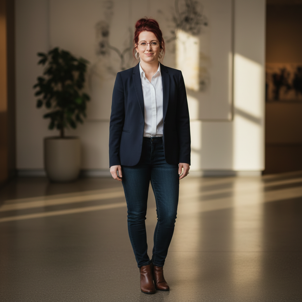 Frau steht in einem Anzug auf einem Flur 