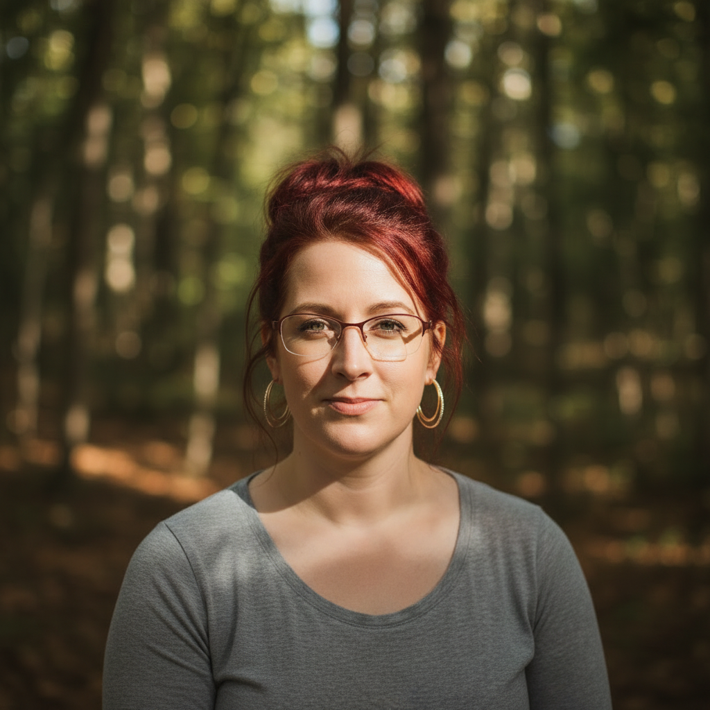 Frau in der Natur, Licht und Schatten zwischen Bäumen 