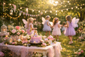 Ein liebevoll dekorierter Garten mit Feen-Motto, Blumen, Lichterketten und spielenden Kindern mit Feenflügeln