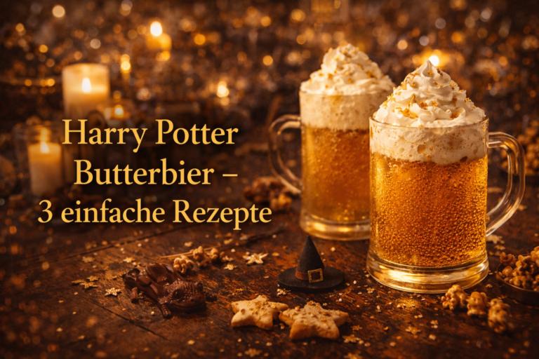 Harry Potter Butterbier – goldenes Getränk mit Sahne-Krone in Glasbecher neben Zauberwelt-Snacks