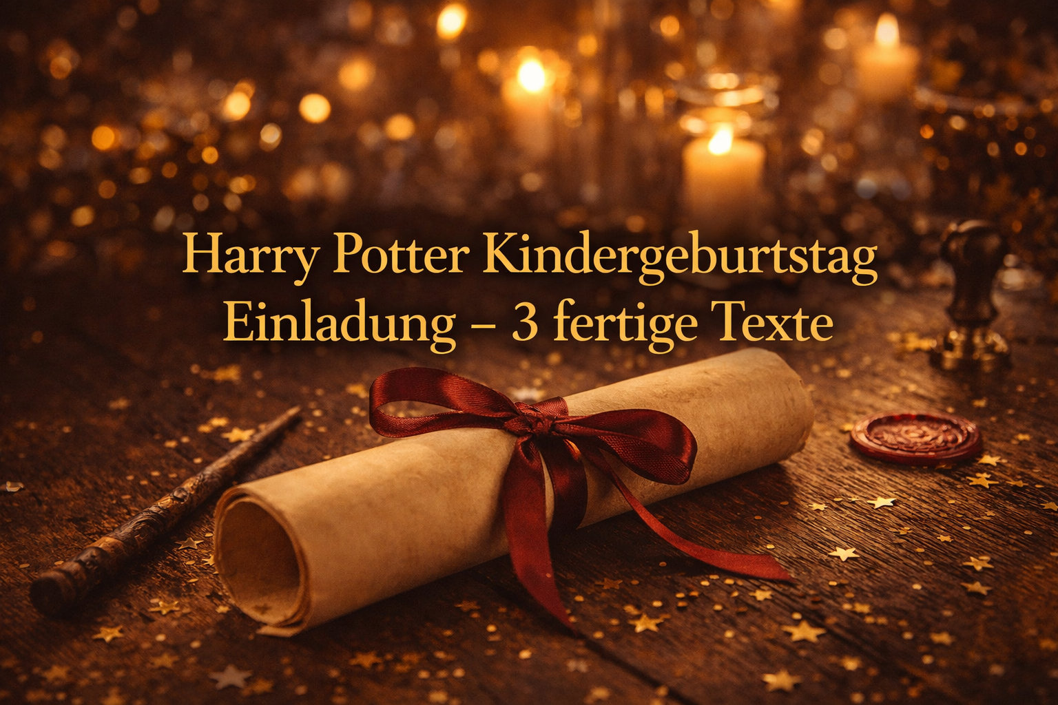 Harry Potter Kindergeburtstag Einladung – handgeschriebener Pergamentbrief mit Zauberstab und goldenen Sternen