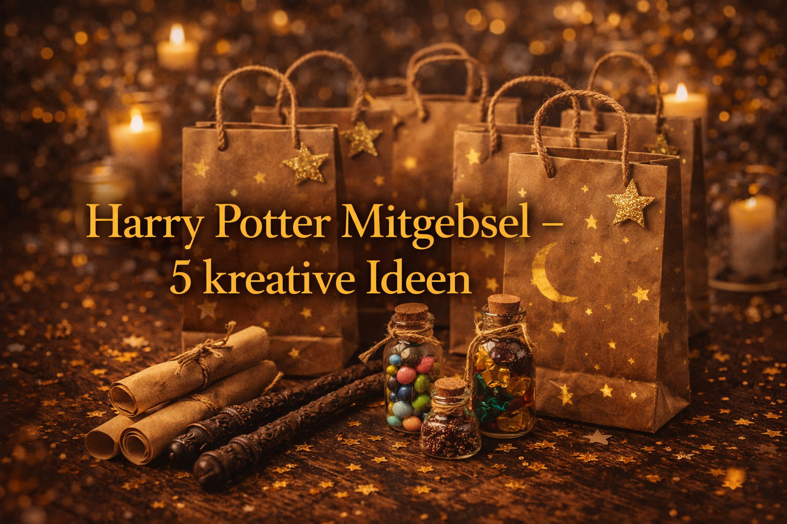 Harry Potter Mitgebsel – braune Papiertüten mit Zauberstab, Urkunde und Zaubertrank-Fläschchen auf Holztisch