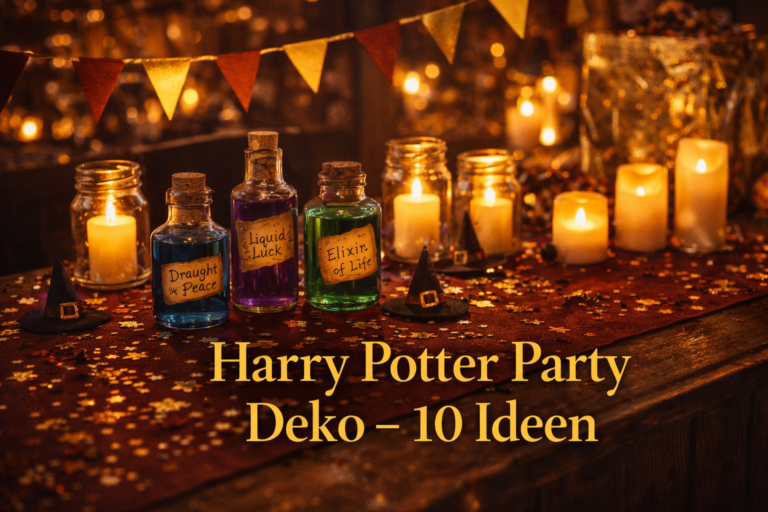 Harry Potter Party Deko – magisch dekorierter Geburtstagstisch mit Kerzen, Wimpeln und Zaubertrank-Flaschen