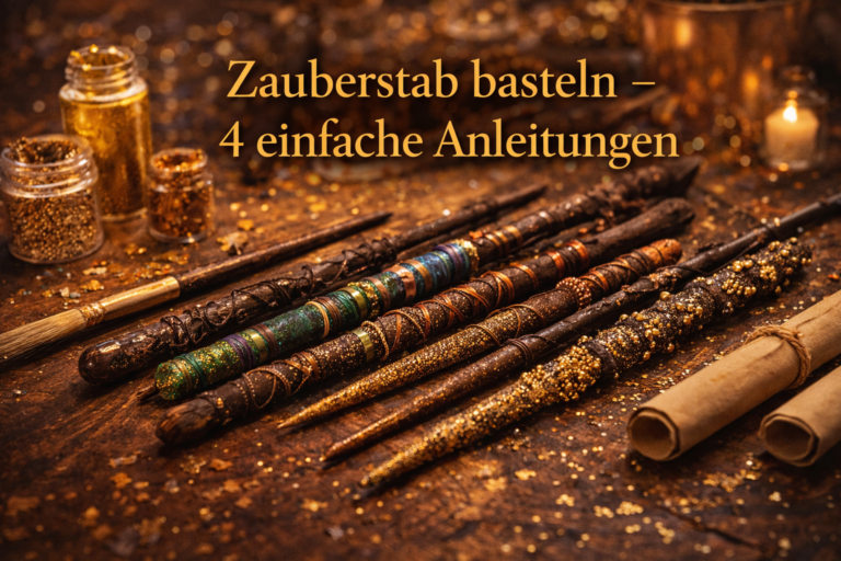 Zauberstab basteln mit Kindern – selbst gemachte Holzzauberstäbe mit Goldfarbe und Glitzer auf Basteltisch
