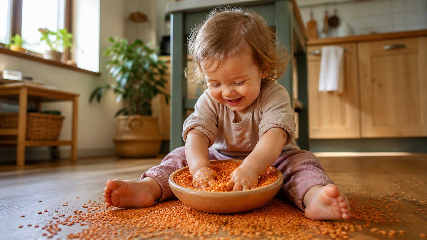Kleinkind sitzt auf dem Küchenboden und spielt konzentriert in einer Schüssel roter Linsen – Sensory Play mit Kleinkindern Ideen
