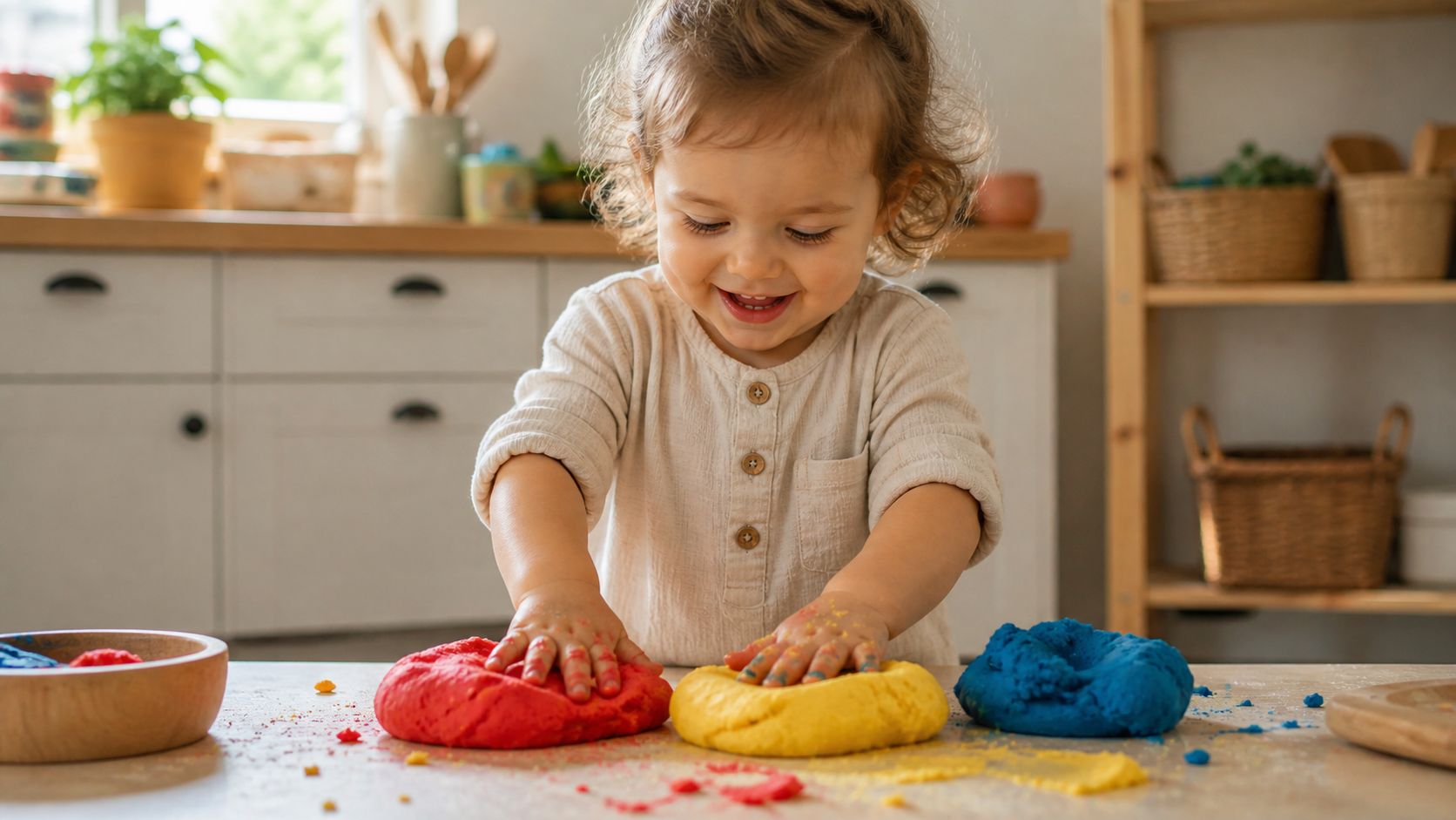 Kleinkind knetet bunte Kinderknete an einem kleinen Tisch – sensorisches Spielen Kleinkinder zuhause