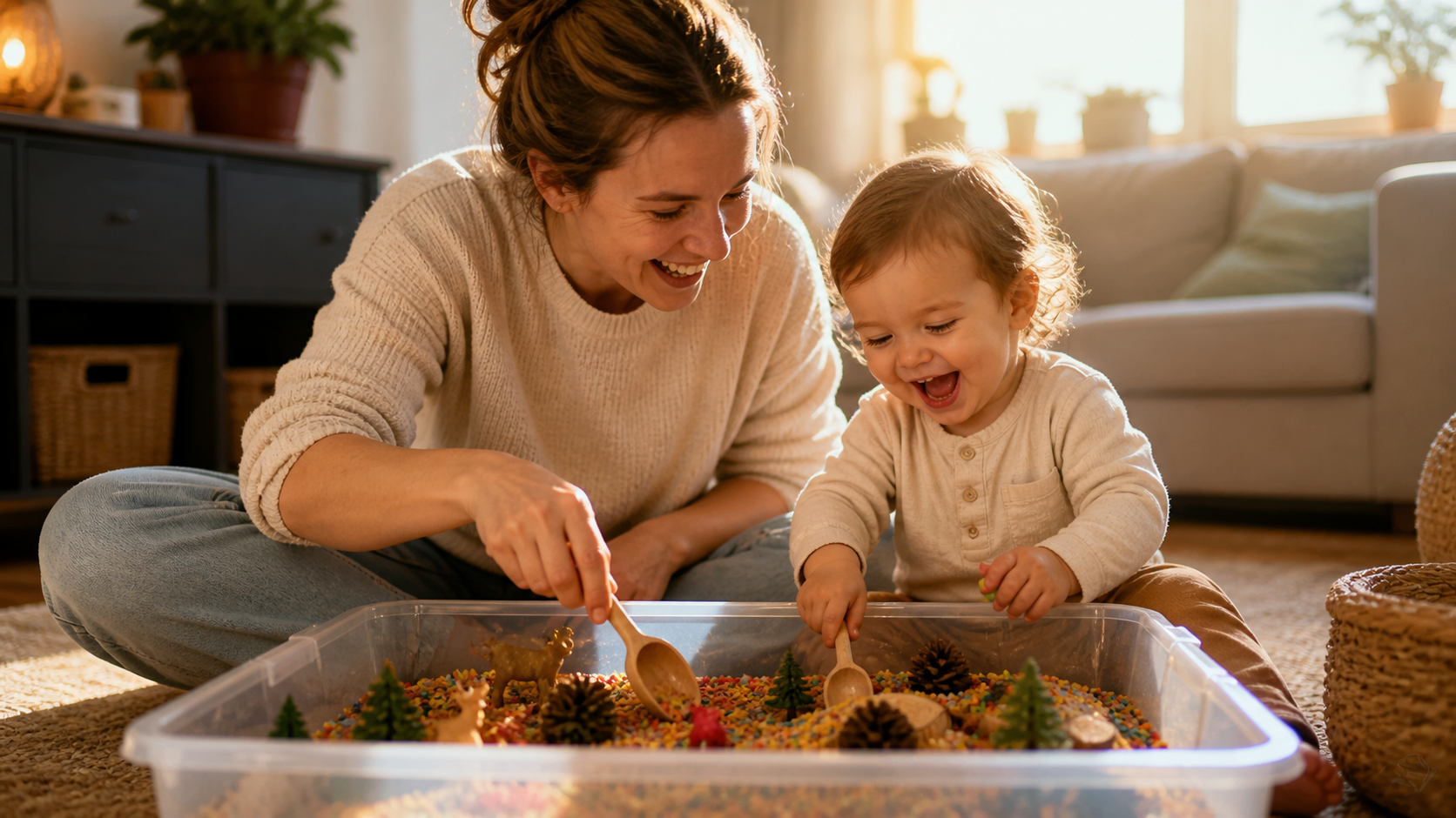 Mama und Kleinkind spielen gemeinsam in einer bunten Sensorikwanne mit Reis – Sensory Play mit Kleinkindern Ideen für zuhause