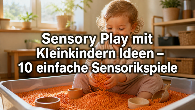 Kleinkind spielt konzentriert in einer bunten Sensorikwanne mit roten Linsen – Sensory Play mit Kleinkindern Ideen