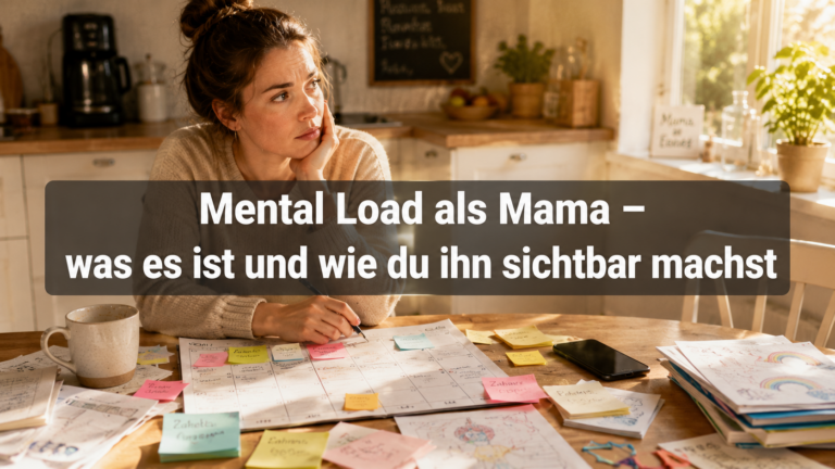 Mental Load als Mama – erschöpfte Mutter sitzt am Küchentisch mit To-do-Listen und Familienkalender