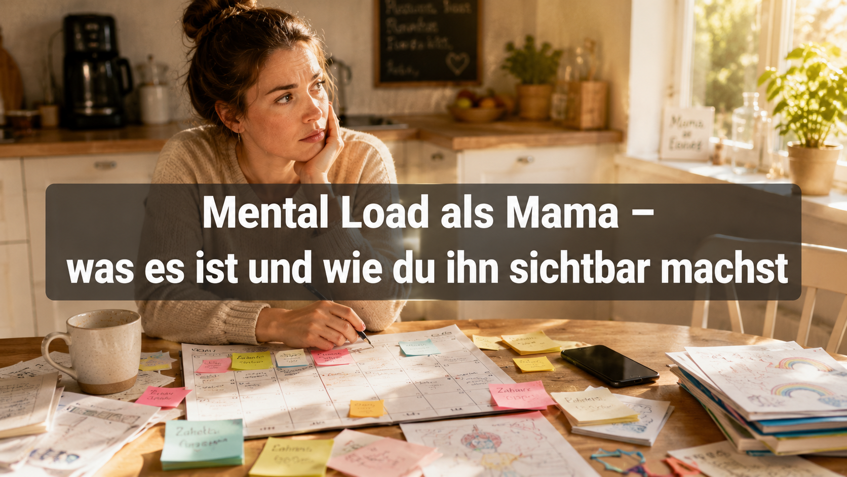 Mental Load als Mama – erschöpfte Mutter sitzt am Küchentisch mit To-do-Listen und Familienkalender