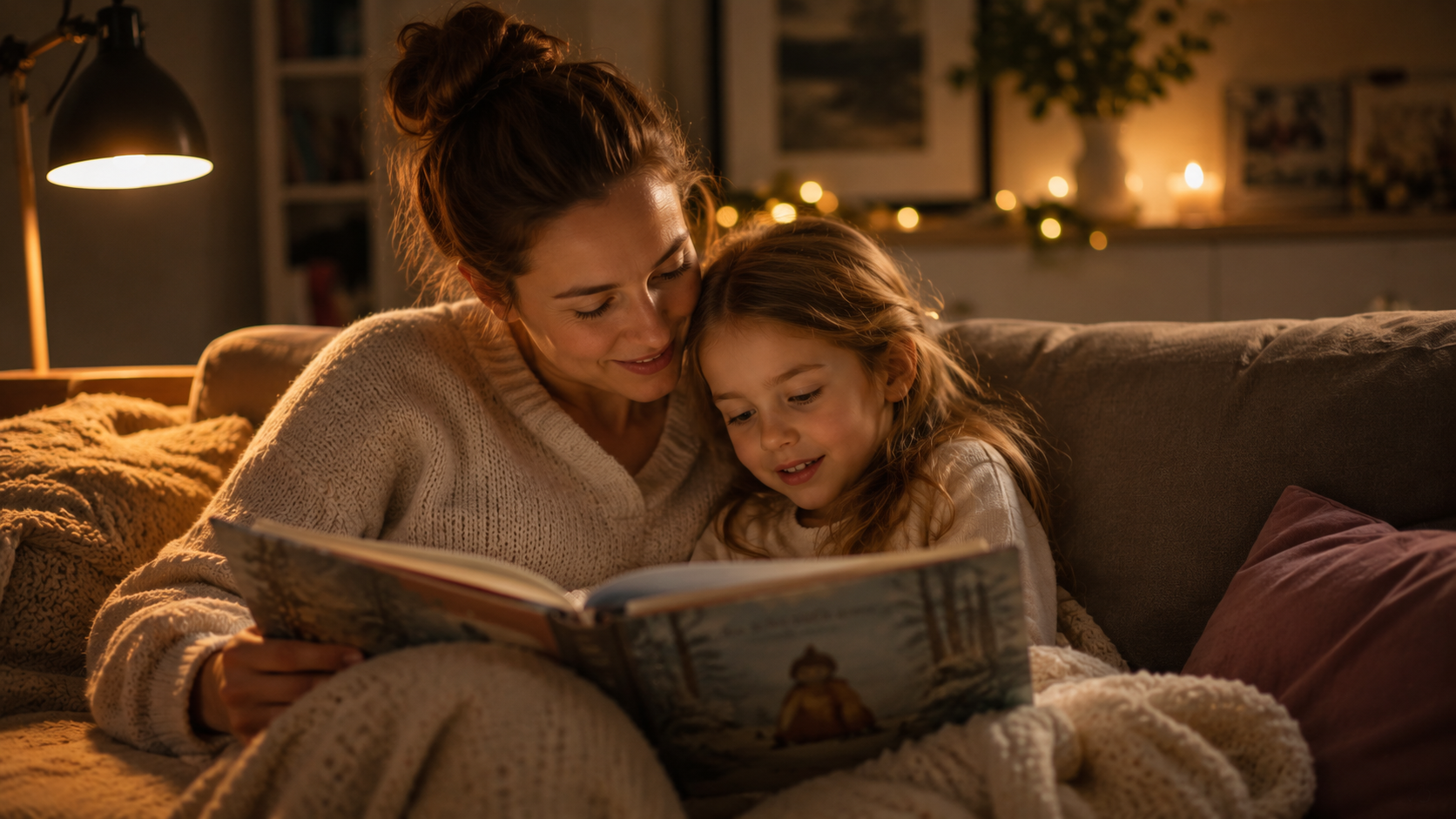 Slow Motherhood Abendritual – Mama liest Kind im warmen Licht auf der Couch vor