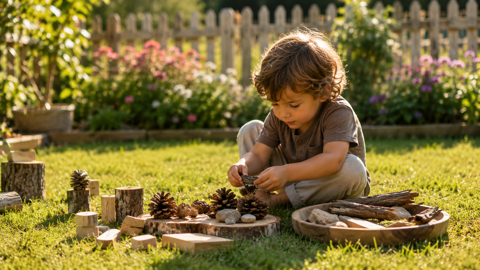 Slow Motherhood – Kind spielt draußen im Garten mit Naturmaterialien und Holzspielzeug