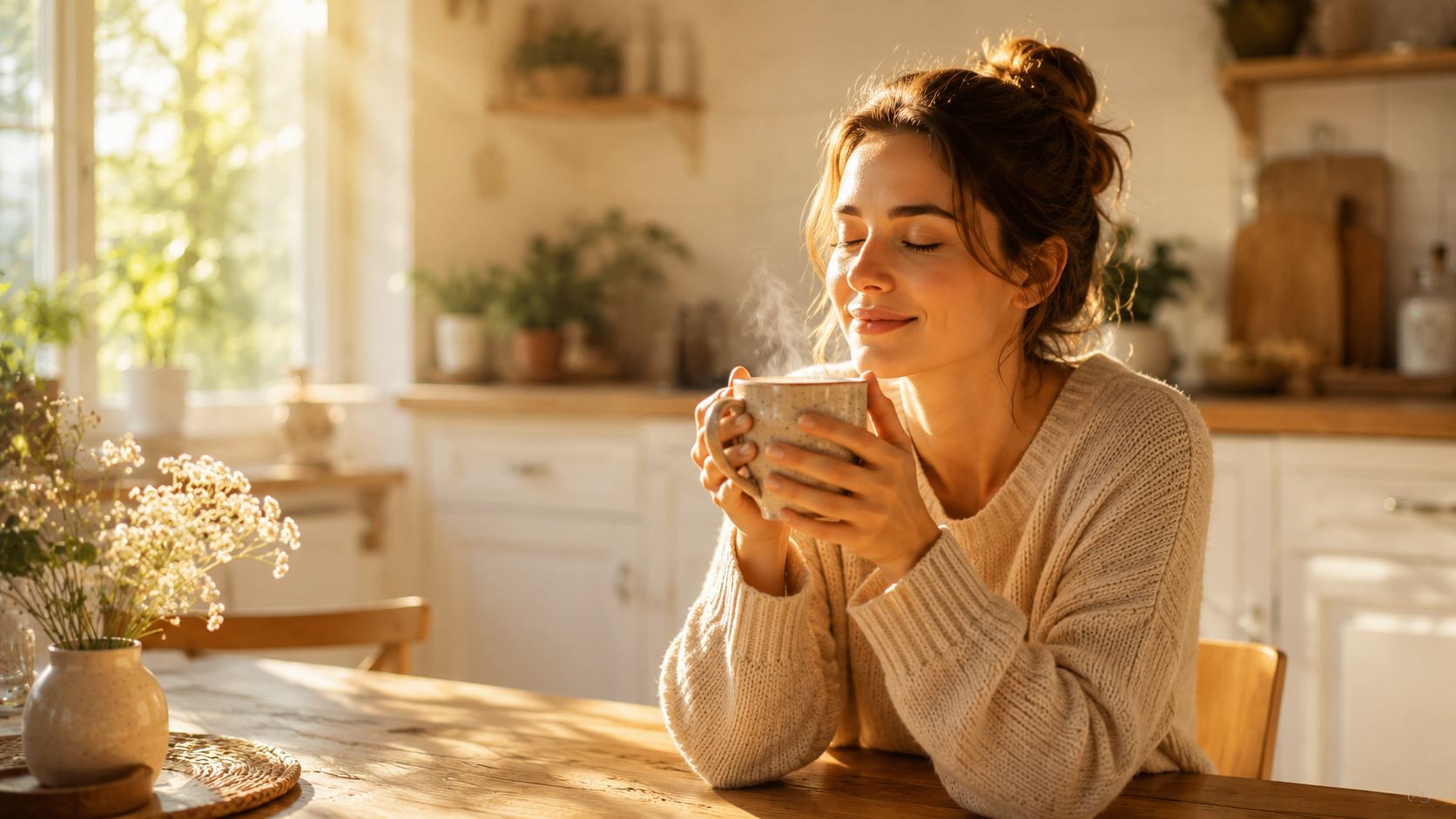 Slow Motherhood – Mama genießt morgens in Ruhe einen Kaffee am Küchentisch