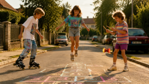 90er Kindheit Nostalgie Kinder spielen mit Inlinern und Gummitwist auf der Straße