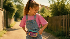 90er Mode für Kinder Latzhose Bauchtasche und Scrunchies im Sommer