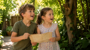 Kinder suchen Hinweiszettel im Garten