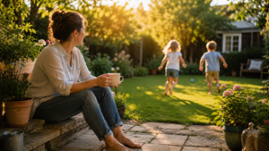 Entspannte Mama, Kinder spielen selbstständig draußen