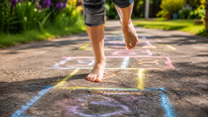 Kreide-Spiel auf Asphalt oder Stein