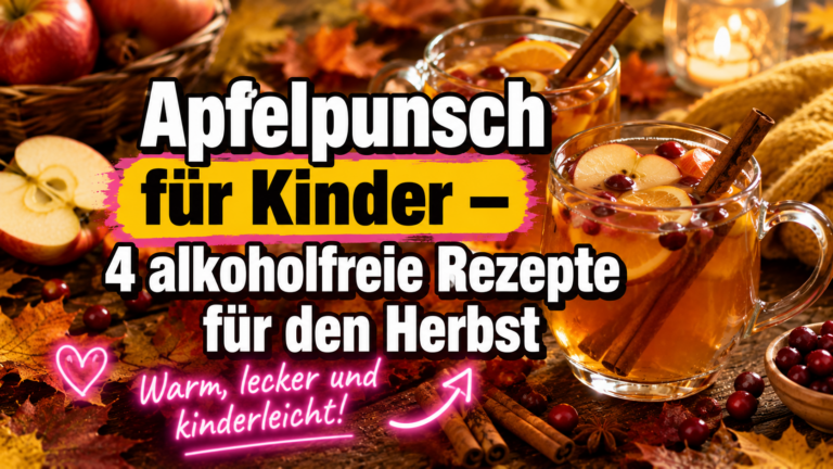 Apfelpunsch für Kinder alkoholfrei in Gläsern mit Zimtstange und Apfelscheiben, Herbstdeko
