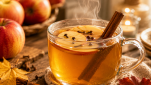 Apfelpunsch für Kinder alkoholfrei mit Zimtstange und Gewürznelken im Glas