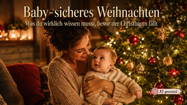 Baby-sicheres Weihnachten – Mama mit Baby vor geschmücktem Weihnachtsbaum