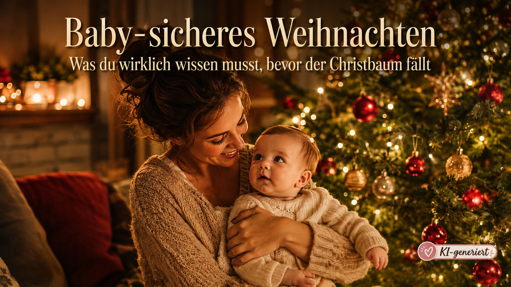Baby-sicheres Weihnachten – Mama mit Baby vor geschmücktem Weihnachtsbaum