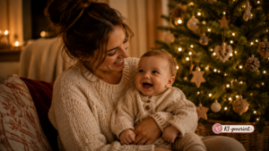 Glückliche Mama mit Baby unterm Weihnachtsbaum – ein baby-sicheres Weihnachten macht allen Freude