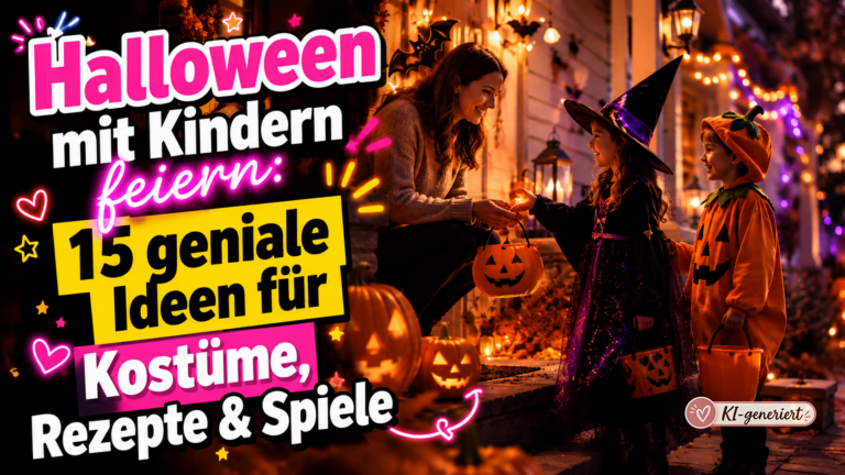 Halloween mit Kindern feiern – Familie beim Süßes-oder-Saures mit geschnitzten Kürbissen