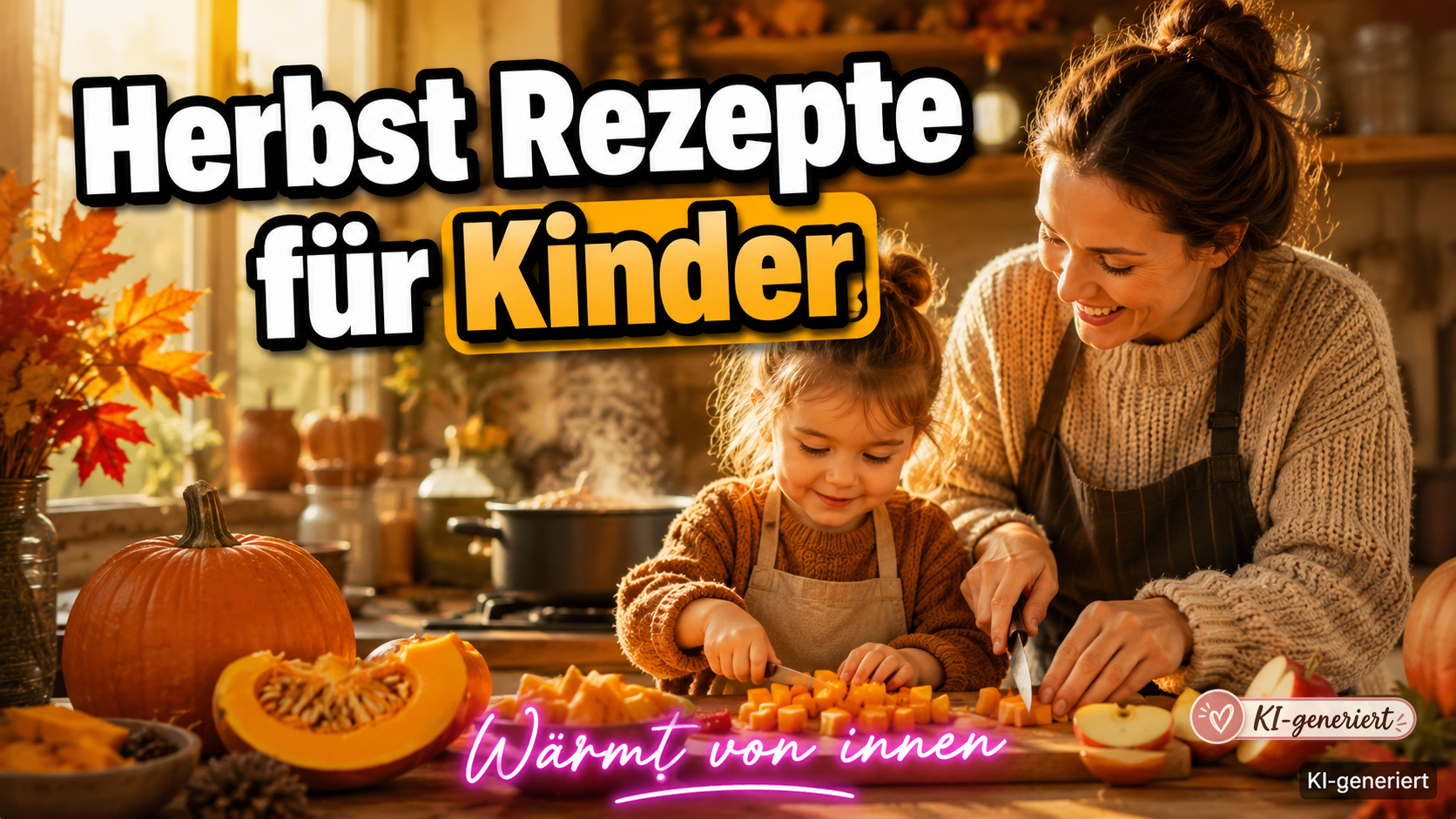 Herbst Rezepte für Kinder – Mutter und Kind kochen gemeinsam mit Kürbis und Apfel in warmer Herbstküche