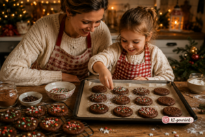 Kind streut bunte Weihnachtsstreusel auf frisch gebackene Schoko-Cookies, während die Mutter daneben lächelt.