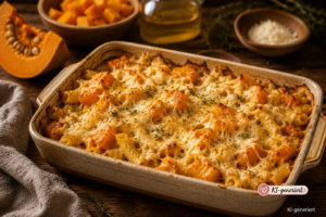 Kürbis-Nudelauflauf mit Käse, herbstliches Familienessen