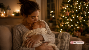 Mama hält ruhig ihr Baby im Arm – Weihnachten für hochsensible Kinder bewusst gestalten