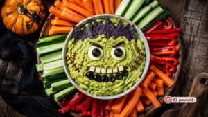 Monster-Guacamole mit Gemüsesticks als gesunder Halloween Snack für Kinder