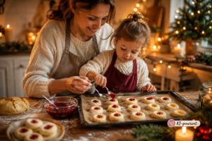 Mutter hilft ihrem Kind dabei, Engelsaugen mit Marmelade zu füllen und auf dem Blech zu verteilen.
