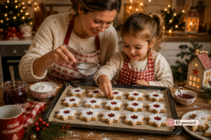 Mutter und Kind verzieren Marmeladensterne mit Puderzucker und fruchtiger Füllung auf einem weihnachtlichen Backtisch.