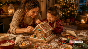 Mutter und Kind verzieren gemeinsam ein Lebkuchenhaus mit Zuckerguss und bunten Süßigkeiten.