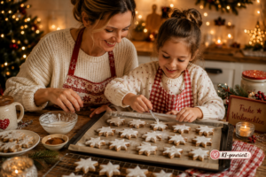 Mutter und Tochter glasieren Zimtsterne in einer festlich dekorierten Küche mit warmem Weihnachtslicht.