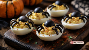 Spinnen-Deviled-Eggs als gruseliges Halloween Fingerfood für Kinder