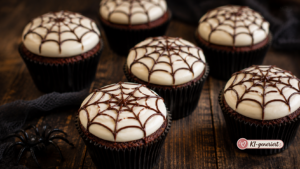 Spinnennetz-Cupcakes als Halloween Nachspeise für Kinder