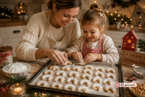 Weihnachtsbäckerei mit Kindern Mutter und Tochter formen Vanillekipferl auf einem Blech in gemütlicher Adventsstimmung.