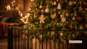Weihnachtsbaum mit Absperrgitter und baby-sicherer Dekoration aus Holz und Filz
