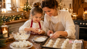 Weihnachtskekse mit Kindern Mutter und Tochter formen Kokos-Schneebällchen auf einem bemehlten Küchentisch.