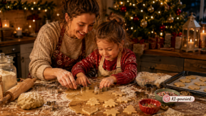 Weihnachtskekse mit Kindern Mutter und Tochter stechen Butterplätzchen in Stern- und Tannenbaumform aus.
