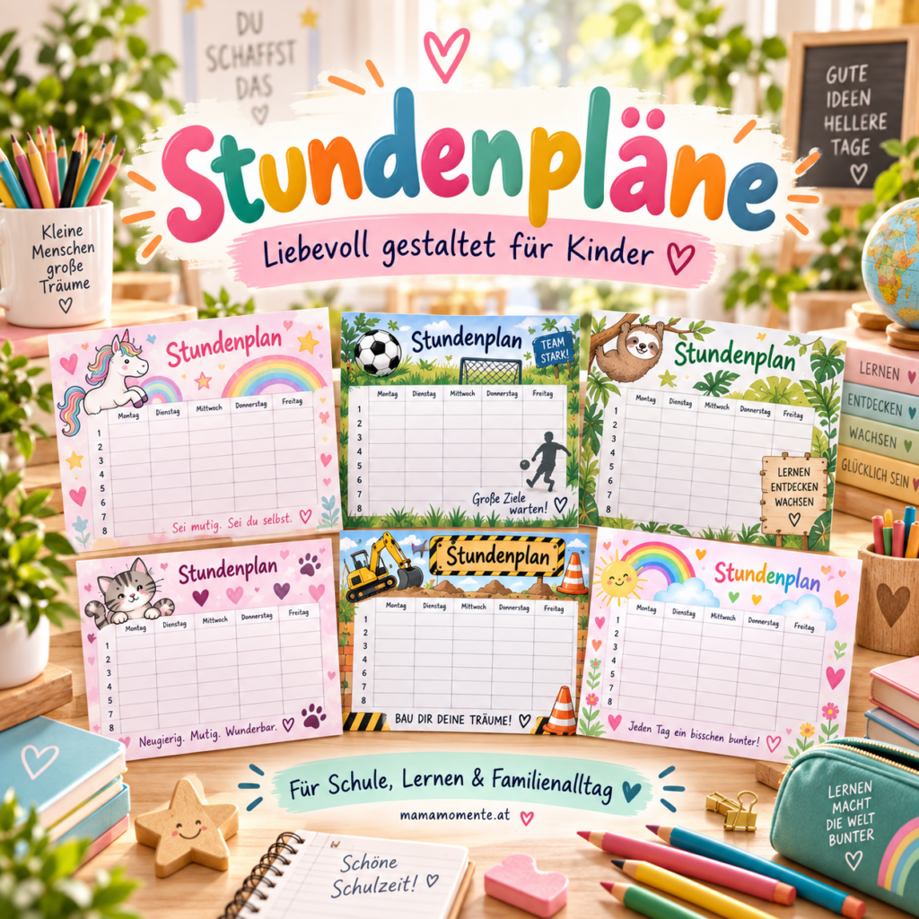 Buntes Titelbild mit verschiedenen kindgerechten Stundenplänen von MamaMomente, liebevoll gestaltet für Schule, Lernen und Familienalltag.
