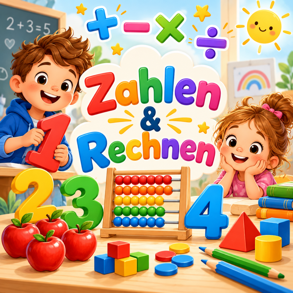 Buntes Titelbild zur Themenwelt Zahlen & Rechnen mit fröhlichen Kindern, Zahlen, Rechenzeichen und Abakus.