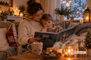 Elternteil liest einem Kind in gemütlicher Adventsstimmung eine Nikolausgeschichte vor
