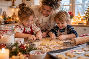 Elternteil und Kind backen gemeinsam Nikolauskekse in einer hellen Küche